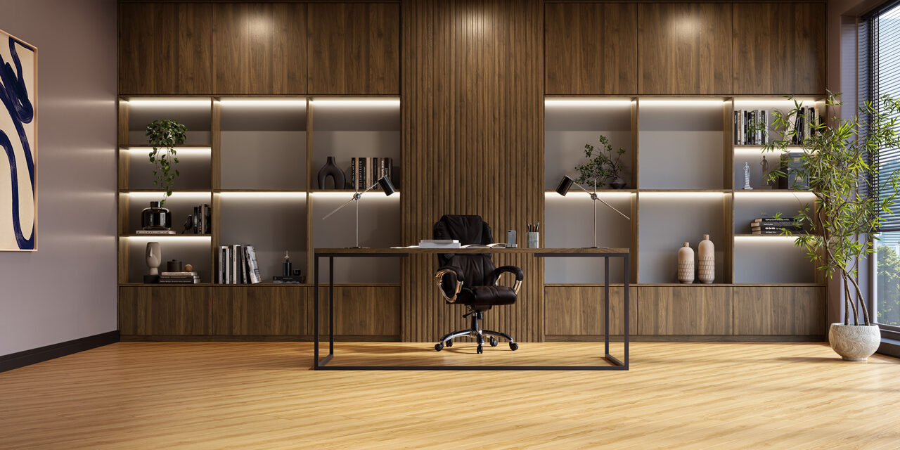 Working +: opções de padrões amadeirados da nova linha Eucafloor LVT Vinílico aplicados em ambientes corporativos